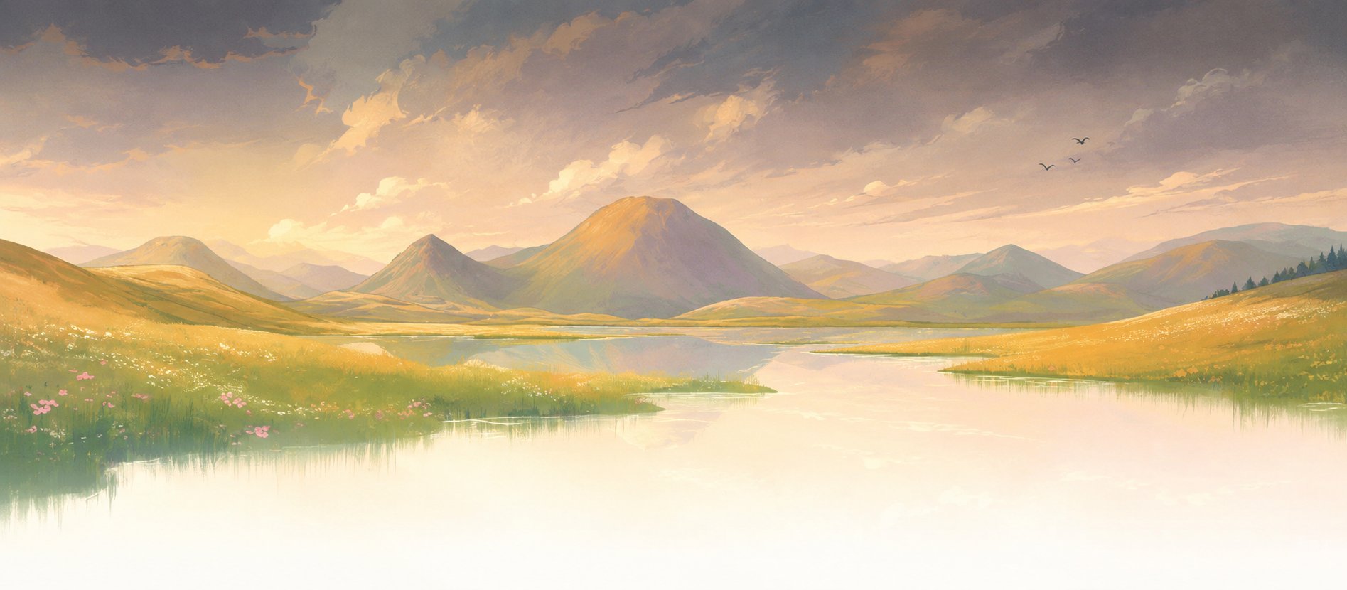 A painted landscape — soft mountains, golden hills, pale water reflection